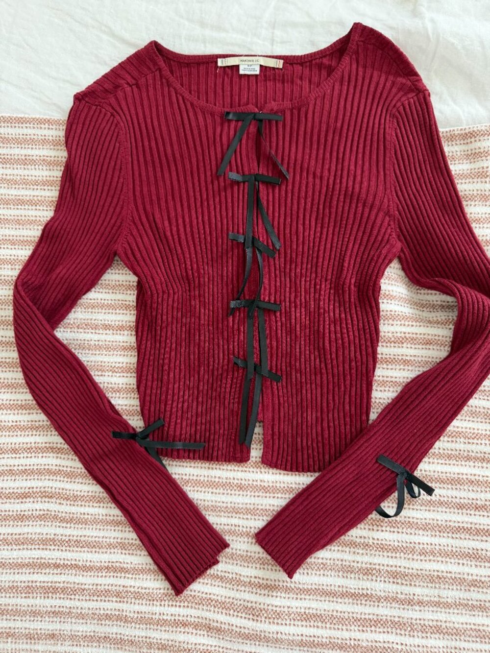 Kimchi Blue Red Ribbed Bow Tie Cardigan Balletcore Top Size Small